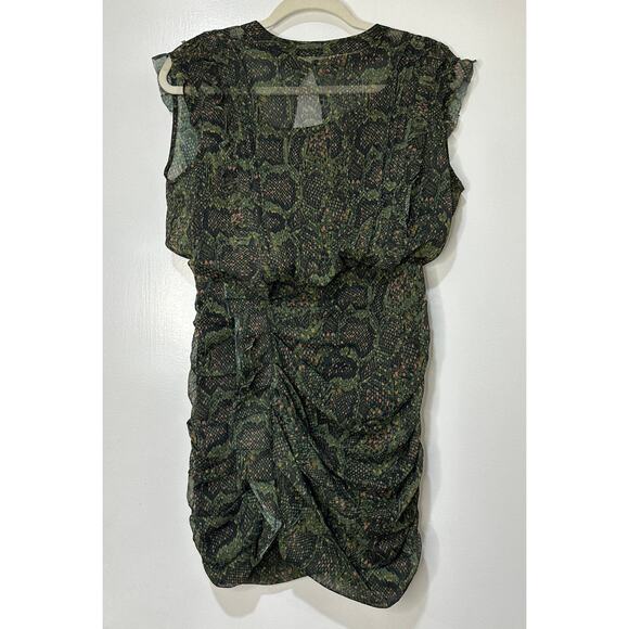 Allsaints Hali Tamora Snake Print Mini Dress Khaki Green Sz 6 NWT Ruffles Lined - Picture 2 of 16